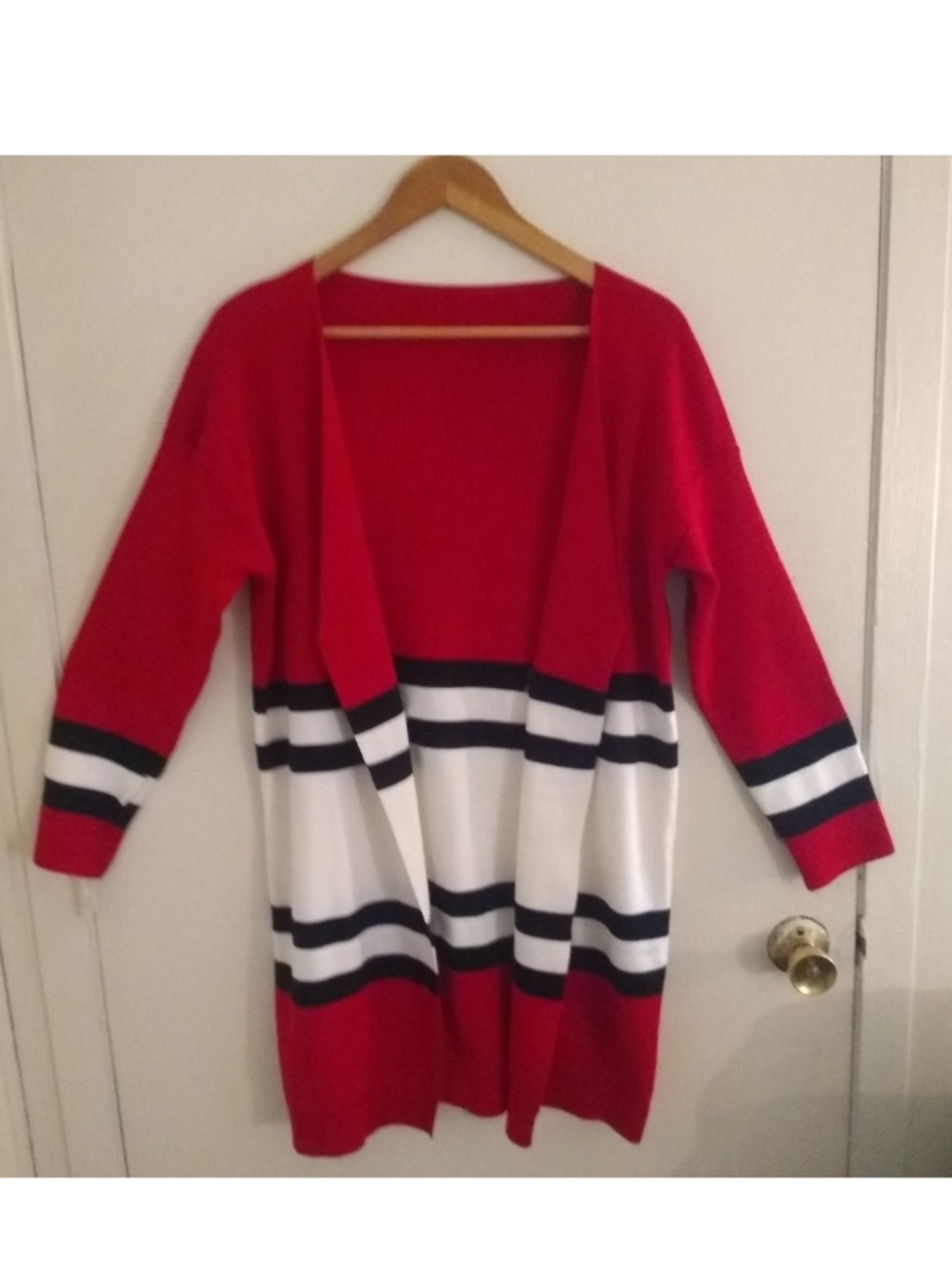 EUC! Open-Front Red, White & Black Striped Women's Cardigan